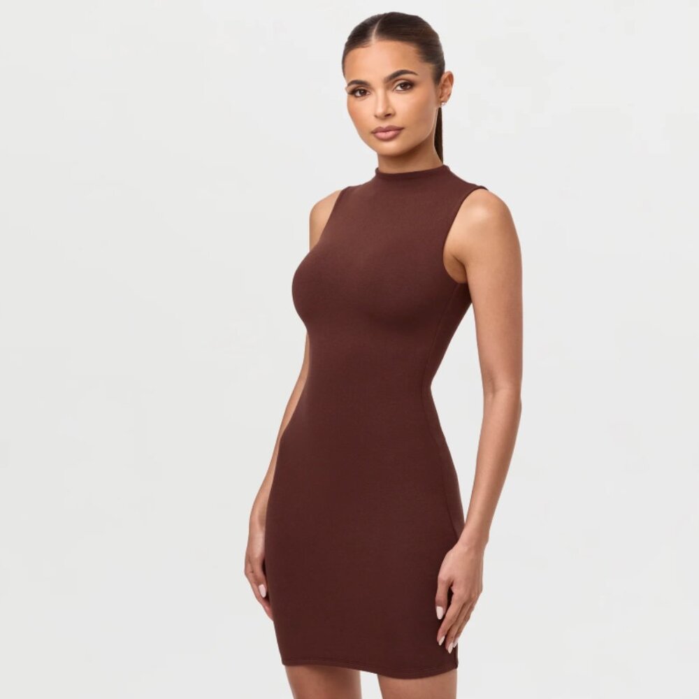 🤎 Naked Wardrobe Brown Mock Neck Bodycon Dress – Size S 🤎